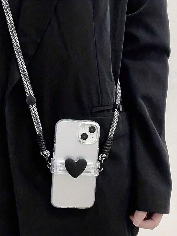 Black 3D Heart Phone Case With Detachable Strap, Dual-Color Crossbody Lanyard, Fashionable Unisex Design, Adjustable Anti-Drop Phone Holder Strap