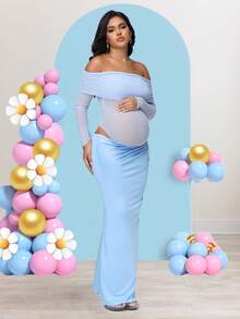 JustVH 孕妇露肩优雅褶饰网眼长裙，适合宝宝派对拍摄