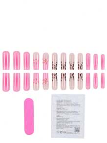 24 件长棺材指甲贴，豹纹法式 3D 花卉水滴美甲套装，含 1 个指甲锉和 1 瓶果冻胶，适合女性日常和派对场合、婚礼