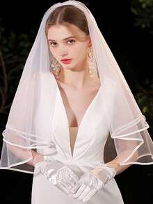 1pc Bride Veil With Double Layer Satin Trim, Simple Face Covering Veil, Romantic Wedding Dress Accessory, Suitable For Travel, Photo Shoot, Bachelorette Party - A - View 5