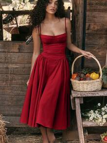 French Vintage Long Dresses With Halter - 深紅色 - 查看 5