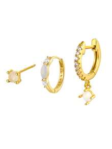 3 件优雅几何圆形蛋白石 925 纯银耳环 - 适合女士日常、派对和宴会佩戴 | 理想的生日、周年纪念和感恩节礼物