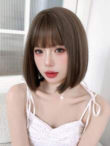 女士棕色鲍勃假发 12 英寸短卷发带刘海假发，合成耐热纤维发丝，深棕色卷发假发，适合女孩上学日常使用 - 棕色 - 查看 1