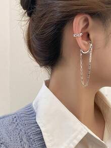 1 件夹式长流苏耳环，百搭时尚简约风格耳饰，适合女士 - 銀色 - 查看 2