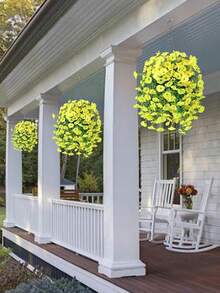 4/2PCS Artificial Yellow Morning Glory Flowers Outdoor Faux Hanging Flowers Plant ,Fake Silk With Eucalyptus UV Resistant Trailing Vine Suitable For Wedding, Home, Porch Patio Balcony Yard Indoor Decor,Office, Garden Decor, Made Of Faux Flowers & Eucalyptus Leaves, , Applicable For Autumn, Thanksgiving, Wedding Arch, Wall, Garden, Bedroom - Yellow - View 3