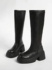 新款厚底粗腿高筒靴，带松紧带，不掉落靴口，秋冬款，女靴