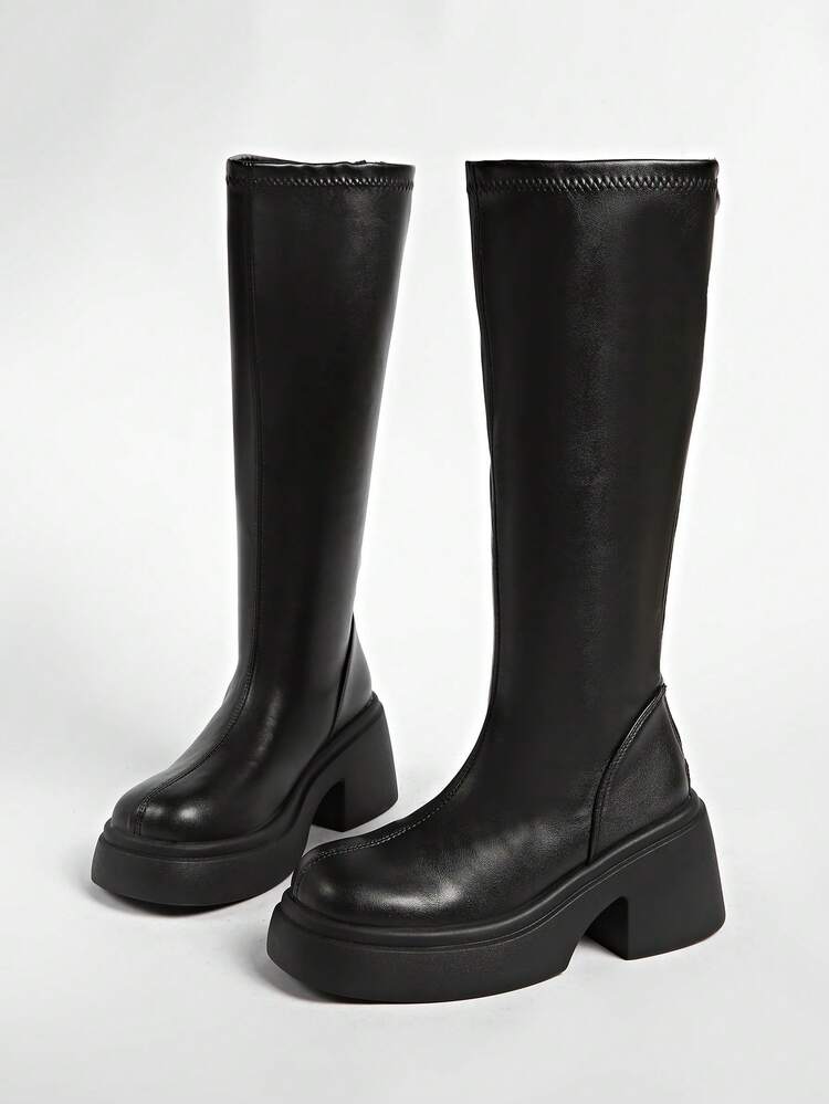 New Thick-Sole Chunky Leg Tall Boots With Elastic, Don't Drop Cuff, Autumn/Winter,Women Boots - Black - View 9