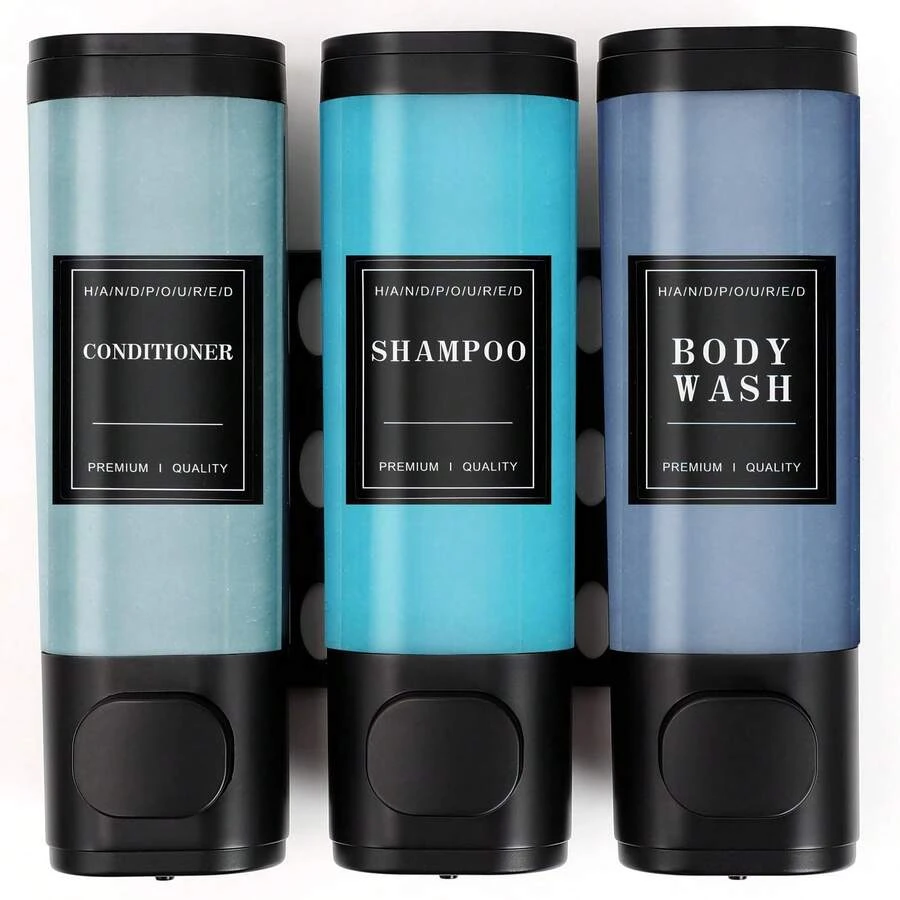 Shampoo And Conditioner Dispenser,Shower Soap Dispenser 3 Chamber No Drill Wall-Mounted Shampoo Dispenser For Shower Wall Mounted Shower Dispenser For Bathroom Hotel Large Capacity, 3*300ML, Black - 黑色 - 查看 1