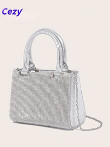 Cezy Bolso de mano con decoración de rhinestones plateados, correa de cadena desmontable y cierre con cremallera - Bolso de embrague de noche brillante para bodas, ocasiones formales, fiestas - Accesorio de moda de lujo para mujer, atuendo formal, con adornos de rhinestones