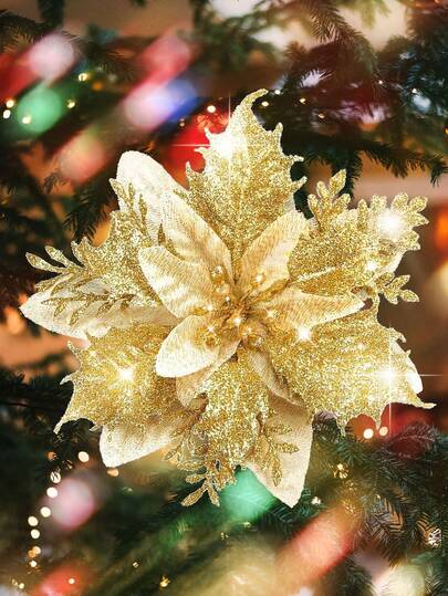 24 件（12 套）-闪光金色圣诞花、一品红人造猩猩木和编辑圣诞装饰品、闪闪发光的一品红圣诞装饰品、圣诞树装饰品、花朵和茎、DIY 圣诞花环、节日家庭派对装饰品、一品红人造圣诞装饰品、闪闪发光的一品红圣诞装饰品、圣诞家居装饰、圣诞礼物、圣诞树圣诞装饰品（金色）