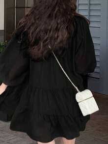 Summer French Style Elegant Loose Dress With Bubble Sleeves, Flattering And Chic - Black - View 4