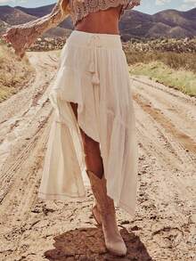 Ladies Summer Linen Loose Elastic Waist Ruffle Hem Asymmetrical Hem Skirt, Casual Boho Western Style, Suitable For Music Festivals, Concerts, Parties, Young Girls Daily, Beach Vacation - Apricot - View 2