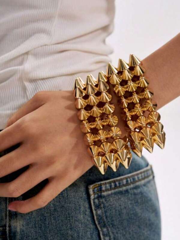 2pcs Punk Style Rivet & Spike Bracelets, Couples' Styles, Ladies' Bold Gold-Color Studded Cuff Bracelets, Suitable For Daily Wear, Parties, Music Festivals