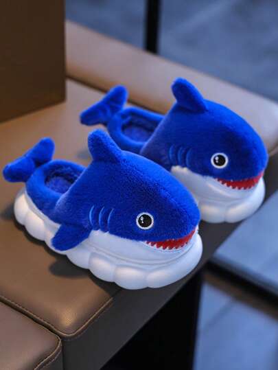 1 Pair Kids Warm Slippers, Cute Shark Design For Boys And Girls, Toddler Indoor Home Slippers For Autumn/Winter