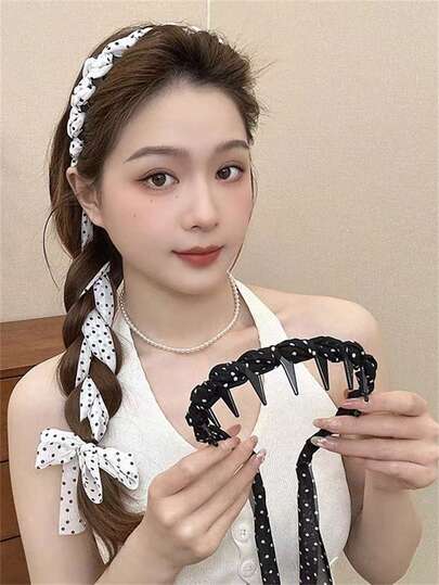 1件/2件/3件装 春夏女士优雅蝴蝶结波点长款飘带发箍，波点丝带马尾辫，皇冠头箍，适合搭配连衣裙、日常装扮，波西米亚风优雅发饰头饰发带
