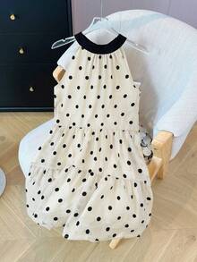 法式无袖系带波点雪纺连衣裙，休闲优雅，适合娇小身材，宽松夏季迷你裙 - 杏色 - 查看 7