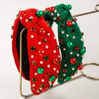 2pcs Wide Faux Pearl Hairband, High Quality Christmas Headband With Rhinestones In Red And Green, Simple And Versatile For Women, Hair Accessory For Christmas & Halloween, Hair Band, Diadema, Hair Hoop