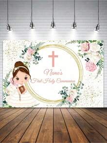 1 szt. personalizowane tło do Pierwszej Komunii Świętej, tło do chrztu z napisem "Bóg zapłać", baner urodzinowy z kwiatowym złotym brokatem, chrzest, odpowiednie na imprezę, rekwizyty do fotobudki i uroczystości, wystrój domu