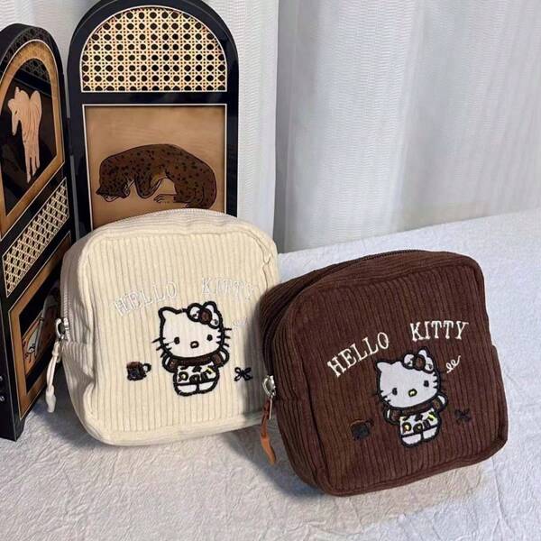 Sanrio Sanrio 1 Sanrio Hello Kitty Pattern Makeup Bag, Embroidered Chestnut Color, Fashionable Multi Functional Travel Storage Bag - Suitable For Storing Toiletries, Sanitary Napkins, And Cosmetics, A Must-Have For Travel
