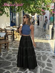 HoloChill Women Solid Color Waist Tie Layered Ruffle Hem Long Casual Skirt Drawstring A-Line Skirt - Black - View 3