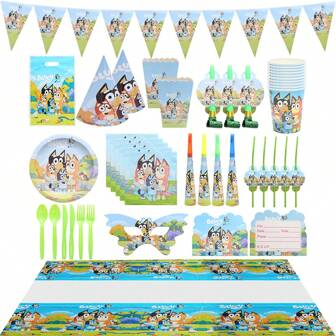  Blueys Family And Friends Party Tableware Kit Table Cloth Paper Plates Cups Popcorn Boxes Tissue Straw Forks Knife Spoons Handbags Bluey Bingo Dog Cute Coco Rusty Muffin Birthday Party Favor Supplies Set Decorative Flags Paper Hats Funny Mask Blowing Toys Trumpet Invitation Cards Party Decoration Accessories