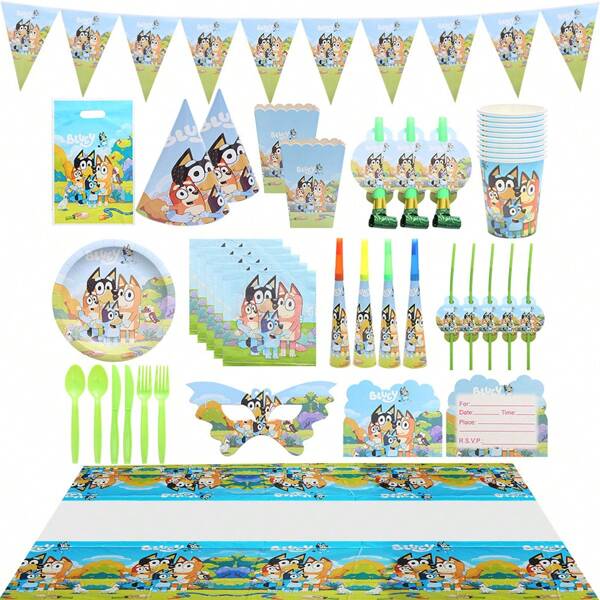 Bluey Blueys Familie und Freunde Party Geschirr Set Tischdecke Pappteller Becher Popcorn Boxen Servietten Strohhalme Gabeln Messer Löffel Handtaschen Bluey Bingo Hund niedliche Coco Rusty Muffin Geburtstags Party Bevorzugungsartikel Set dekorative Fahnen Papierhüte lustige Masken Blasspielzeuge Trompete Einladungskarten Party Dekorationszubehör