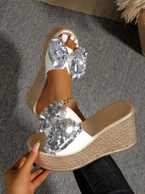 Sandalias de cuña con tira de lazo con brillo estilo bohemio, zapatillas con suela gruesa antideslizante para mujeres