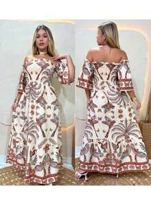 Women's Long Dresses All-Over Print Floral Knot Ruched Ruffle Hem Beach Summer - Mustard Yellow - View 3