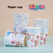 68/10/Set, Blue And Pink Teddy Bear Themed Party Supplies, Disposable Party Plates, Party Paper Plates. Includes 7-Inch Plates, 9-Inch Plates, Paper Cups, And Tissue Sets. Suitable For 16 People, Picnic Supplies, Birthday Parties, Camping, Decoration, And Celebration Events. Party Gifts, Bridal Showers, Cartoon Animals, Cute, Blue, Pink, Bear - Multicolor - View 14