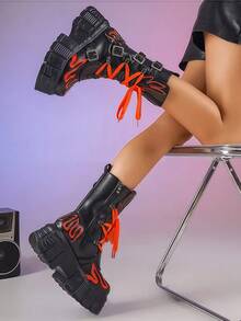 Women'S Y2K Style Punk Rock Platform Sneakers, Solid Color Lace-Up Mid Calf Booties, Non-Slip Rubber Sole, Comfortable Low Top Round Toe Boot With Thick Sole - 橘色 - 查看 3