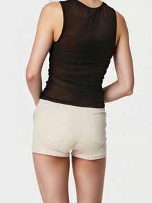 Women's Sheer Mesh Tank Tops Solid Color Sleeveless Round Neck Ruched Front Vest Elegant Shirt - Black - View 3