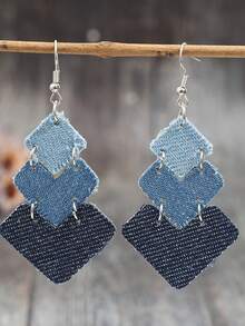 1 Cặp Hoa tai sáng tạo bằng da giả Cowgirl nhiều mũi tên vuông theo phong cách phương Tây - Xanh denim - Xem 7