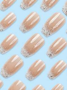 24pcs Short Ballet Style Fake Nails, Glitter Ombre White Nail Wraps, Full Cover Removable Manicure Set For Women, Suitable For Party, Prom, Everyday Wear