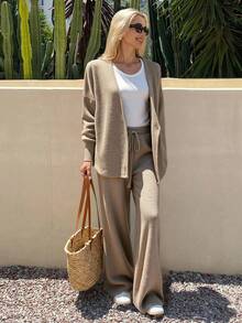 Livesso Set de 2 piezas: Cárdigan de manga de murciélago de unicolor y pantalones de punto para mujer, ropa de mujer de otoño - Caqui - Ver 8