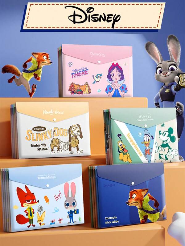 Disney 5 PCS Disney Cartoon A4 File Bag School Supplies Waterproof Snap File Bag Exam Paper Storage Student Gift Multi Functional Folder School Archives Stationery Office Document Storage