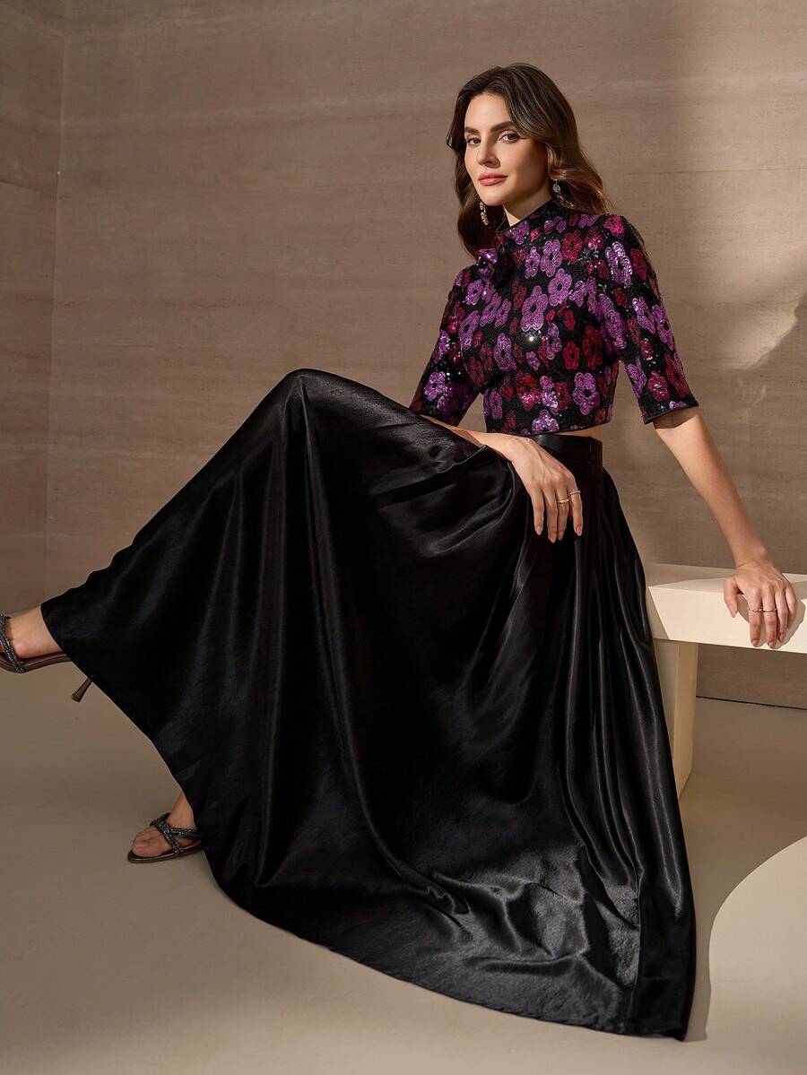 优雅奢华亮片刺绣花卉装饰上衣和 A 字裙女式轻盈两件套