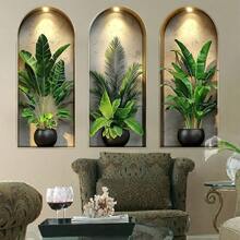 3pcs/Set Nordic Green Plant Theme Faux Arch Window Flower Pot Wall Stickers, 3 Pieces Self-Adhesive Removable Decorative Decals, Suitable For Living Room, Dining Room, Study And Other Connected Decor, Creative Home Wall Art - Multicolor - View 15