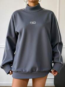 Livesso 字母图案撞色滚边立领落肩卫衣，长袖上衣 - 霧霾藍 - 查看 8