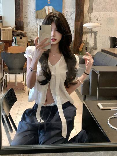 系带泡泡袖短款上衣，温柔法式系带露脐上衣，适合娇小身材，白色夏季款