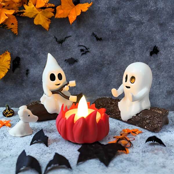 4 pièces/Set Feu de camp d'hiver en résine avec fantôme | Décoration d'Halloween effrayante | Ensemble de figurines de fantômes mignons | Affichage de feu de camp | Scène de maison hantée | Décorations d'aventure de fantôme effrayantes | Décoration d'Halloween | Décoration de Noël | Décoration de fête | Cadeaux pour les lecteurs Charmantes statues de fantômes pour décoration de table, convenant à la décoration d'automne effrayante, parfait pour le thème de sorcière d'Halloween, sans électricité, sans plumes