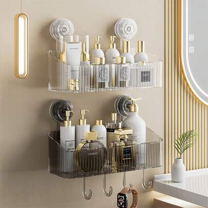 全新家居必备！免打孔吸盘式置物架，多功能浴室厨房收纳神器 | 强力吸盘，稳固不脱落 + 排水槽设计，防止霉菌滋生，可收纳洗漱用品、调料瓶、浴球等。是租房者和小户型人士的理想之选，轻松保持浴室整洁。