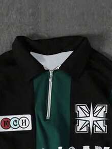 Casual Pullover Short Sleeve Plus Size Polo Shirt For Men, Summer, Letter Print, Striped Color Block, College Style, Plus Size Design - Dark Green - View 3