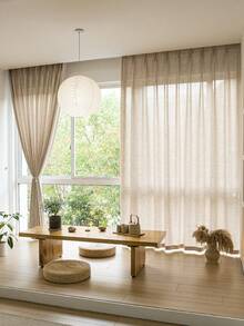 1 件棉麻现代亚麻纱窗帘 - 日式亚麻风格，杆袋设计，适用于客厅和卧室 - 轻薄透气的窗帘，客厅窗帘，卧室窗帘 - 米色 - 查看 7