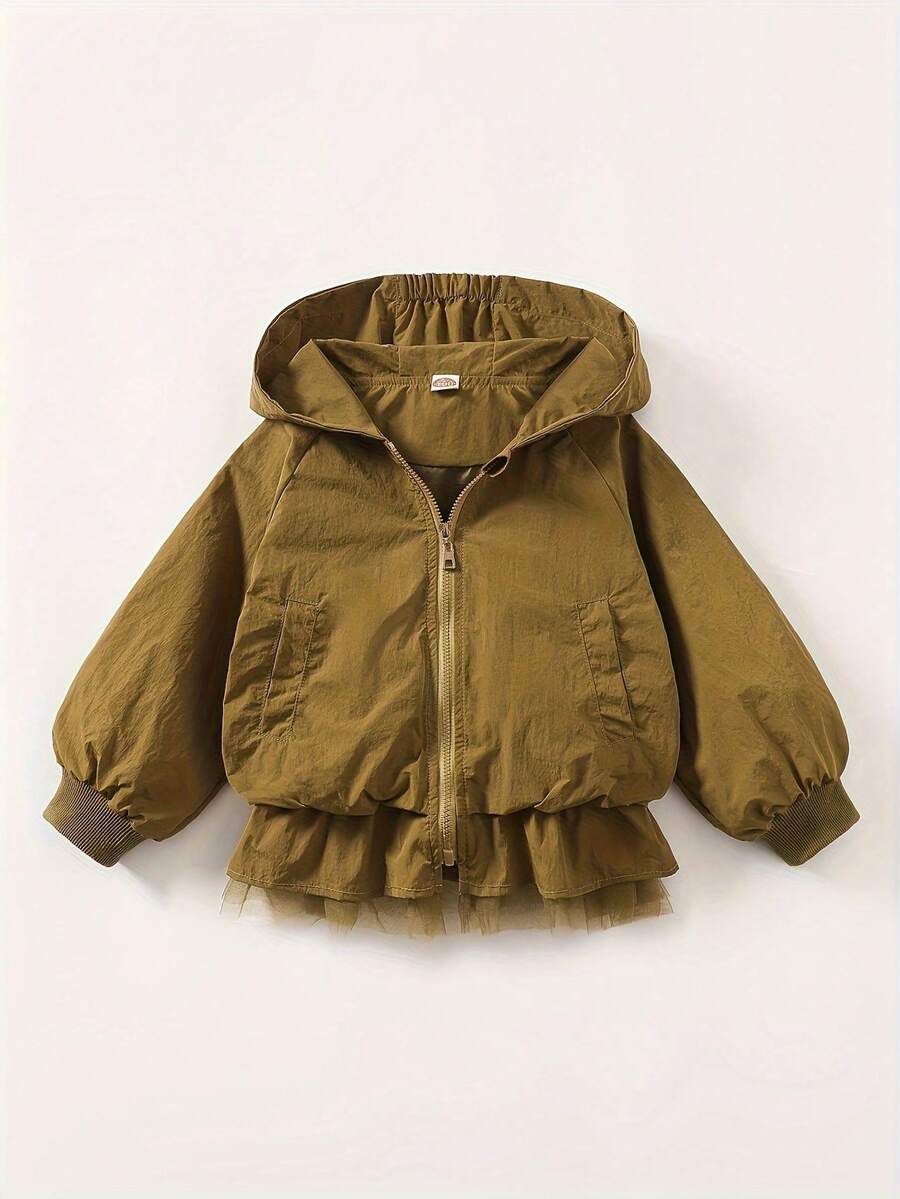 女童可爱碎花连帽羽绒服,休闲轻便风衣,网眼拼接设计,春夏秋季 - 黃色 - 查看 1