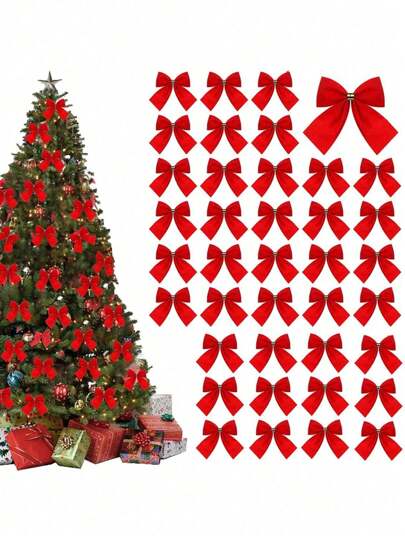 24 buc - Fundițe mini de Crăciun, Decorațiuni cu funde roșii, Ghirlande, Bradi de Crăciun cu funde, Decorațiuni cu funde, Decorațiuni agățate pentru bradul de Crăciun, Papioane agățate potrivite - Funde cu paiete sclipici pentru decorarea bradului, Coroniță festivă și ornamente de cadouri, Ornamente clasice cu funde de Crăciun din material textil