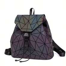 Fashionable Luminous Women Backpack, Drawstring Geometric Rhombus Folding Reflective Iridescent Student School Bag, Large Capacity Backpack, Iridescent Geometric Grid Backpack - Black - View 1