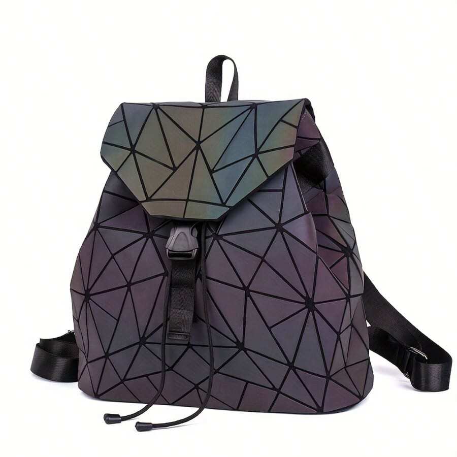 Fashionable Luminous Women Backpack, Drawstring Geometric Rhombus Folding Reflective Iridescent Student School Bag, Large Capacity Backpack, Iridescent Geometric Grid Backpack - Black - View 1