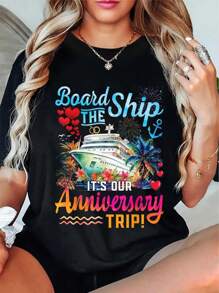 His And Hers Matching Anniversary Cruise T-Shirts - Vibrant Colorful Ship Graphic With Tropical Flowers And Fireworks - Short Sleeve Crew Neck Couples Tees - Machine Washable