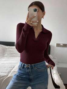 Livesso 女士休闲修身高领长袖毛衣，适合秋冬，长袖上衣，秋季女装 - 酒紅色 - 查看 2