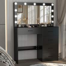 Black Makeup Vanity Table With Led Lighted Mirror Dressing Set , 5 Drawers, Large Lighted Mirror & LED Bulbs, 3 Color Lighting Modes & Dimmable, Girls Dressing Table With Led Mirror For Bedroom - Black